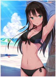 :o armpits arms_up ball beach beach_towel beach_umbrella beachball bikini black_bikini black_swimsuit blush breasts brown_hair cleavage cloud day earrings female front-tie_top green_eyes high_resolution idolmaster idolmaster_cinderella_girls jewelry lens_flare light_rays long_hair looking_at_viewer medium_breasts multicolored_towel multicolored_umbrella navel necklace ocean outdoors shibuya_rin side-tie_bikini sky solo stomach sunbeam sunlight swimsuit tagme tamakaga towel umbrella undressing water