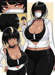 1boy 1girls 2021 anger_vein angry ass black_hair black_sports_bra black_yoga_pants blonde_highlights breasts brown_skin cleavage clothed dark-skinned_female dark_skin drogod_(artist) female female_focus hands_on_hips highlights hips holding_object hoodie huge_ass huge_breasts male mask midriff multiple_panels open_mouth original original_character phone red_eyes short_hair simple_background sports_bra streetwear white_border white_hoodie wide_hips workout_clothes yoga_pants