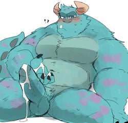 1boy 2021 anthro balls barazoku blue_body blush bodily_fluids cum disney erection genital_fluids genitals horn humanoid_genitalia humanoid_hands humanoid_penis hyaku_(artist) kemono male male_only monster monsters_inc musclegut overweight overweight_male penis pixar simple_background solo sulley white_background