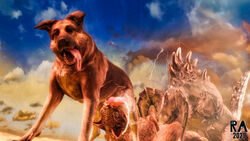 16:9 3d_(artwork) absurd_res anal animal_genitalia balls bethesda_softworks bodily_fluids canid canine canis cum cunnilingus deathclaw digital_media_(artwork) dogmeat domestic_dog erection fallout feral fur genital_fluids genitals group hair hi_res horn hybrid interspecies male male/male mammal night_stalker_(fallout) nude oral penetration penile penis rimming rookieanimator210 scalie sex tongue vaginal_penetration video_games widescreen zoophilia