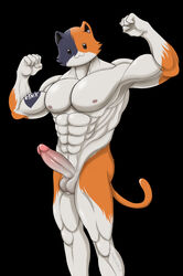 5_fingers abs anthro balls biceps big_penis calico_cat claws domestic_cat dot_eyes english_text epic_games erection felid feline felis fingers fortnite fur genitals hi_res looking_at_viewer male male_only mammal meowscles_(fortnite) mottled multicolored_body multicolored_fur muscular muscular_anthro muscular_male nipples nude orange_body orange_fur pecs penis piebald raised_arms simple_background smeargle20 solo tattoo text video_games white_body white_fur