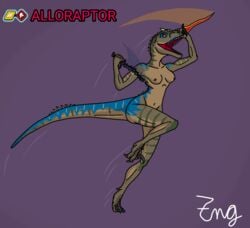 1girls alloraptor anthro dagger female female_only hybrid jurassic_park jurassic_world jurassic_world_alive pounce raptor reference sword the_nameless_guy