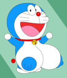 big_breasts blue_body blue_skin breasts busty. cat_whiskers cute doraemon doraemon_(character) feline heavymetalrules huge_breasts jingle_bell male male_only male_with_breasts open_mouth red_collar red_nose red_tail robot smile smiling whiskers white_feet white_hands