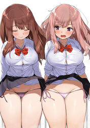 2girls big_breasts blush breasts brown_hair closed_eyes clothed clothed_female eyebrows_visible_through_hair female female_focus female_only kaisen_chuui large_breasts light_smile long_hair open_mouth original original_character panties pantyshot pantyshot_(standing) pink_hair pink_panties purple_eyes purple_panties school_uniform simple_background skirt skirt_lift thighs uniform white_background wind_lift