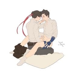 2boys asoryu black_hair bottomless bottomless_male clothed clothed_sex clothing color dai_gyakuten_saiban erection frottage gay gyakuten_saiban headband human kazuma_asogi legs male male/male male_focus male_only male_penetrating male_penetrating_male penises_touching ribbon ribbons ryunosuke_naruhodo shirt_lift the_great_ace_attorney yaoi