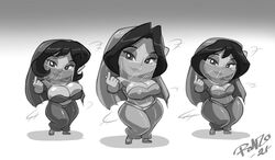 aladdin cleavage disney harem_girls_(aladdin) harem_outfit huge_ass huge_breasts monochrome ronzo shonuff shonuff44 wide_hips