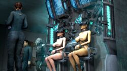 2girls 3d 3d_(artwork) alyx_vance barcode barcode_tattoo big_ass brainwashing bustmaster citizen collar computer cuffs emoticon emotionless envy experiment free_use half-life half-life_2 hallway helmet humiliation hypnosis judith_mossman jumpsuit large_breasts looking_at_another mechanical_fixation mind_control monitor nude nude_female nudity on_display party_wipe public public_nudity science_fiction scifi sitting tattoo_on_chest tech_control waiting