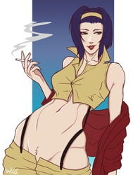 1girls blue_background blue_hair breasts clothed cowboy_bebop faye_valentine female green_eyes hairband human large_breasts midriff pale-skinned_female pale_skin pandin pubic_hair_peek purple_hair short_hair smoking tagme white_background