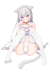 animal_ears bangs bell blush bra breasts cameltoe cat_cutout cat_lingerie cat_tail cinderella_bust clavicle cleavage cleavage_cutout closed_mouth clothed_female clothing clothing_cutout collar echiru echiru39 emilia_(re:zero) eyebrows_visible_through_hair feet female female frilled_bra frilled_underwear frills high_resolution kemonomimi_mode lingerie long_hair looking_at_viewer medium_breasts meme_attire navel neck_bell nekomimi pantsu paw_pose purple_collar purple_eyes re:zero_kara_hajimeru_isekai_seikatsu silver_hair simple_background sitting solo tagme tail thighhighs underwear very_long_hair white_background white_bra white_legwear white_panties white_underwear