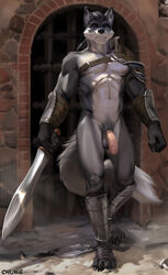 1boy 2021 4_toes 5_fingers abs anthro armor artist_name biped black_ears black_eyebrows black_hair black_nose blue_eyes canid canine chunie claws countershade_face countershade_legs countershade_neck countershade_torso countershading detailed_background digital_painting_(artwork) eyebrows feet finger_claws fingers foreskin fox full-length_portrait fur furry genitals greaves grey_body grey_fur grey_tail grey_theme highres holding_object holding_sword holding_weapon humanoid_genitalia humanoid_penis inner_ear_fluff looking_at_viewer looking_down low-angle_view male male_only mammal melee_weapon monotone_eyebrows monotone_nose multicolored_body multicolored_fur multicolored_tail muscular muscular_anthro muscular_male nipples nude outdoors pauldron penis plate_armor ponytail portrait shaded skimpy_armor soft_shading solo standing sword testicles toe_claws toes tuft two_tone_body two_tone_fur two_tone_tail uncut vambraces weapon white_countershading white_fur white_tail