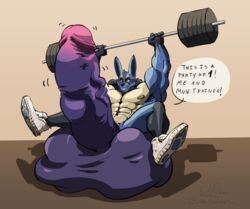 abs anthro balls big_balls big_muscles big_penis bulge churn clothing cock_vore dialogue exercise feet footwear genitals grin group gym hi_res himbo huge_balls huge_cock huge_muscles humanoid hyper hyper_balls hyper_genitalia hyper_muscles hyper_penis jealous lucario male male/male muscular nintendo pawpads pecs penile penis pokemon pokemon_(species) predator/prey shoes smile sneakers solo throbbing video_games vore weightlifting weights wolfsecret workout