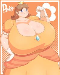 1girls alternate_breast_size bbw big_breasts blue_eyes blush braffy breasts brown_hair character_name chubby chubby_female cleavage cleavage_cutout clothing cute dress earrings fat female female_only fully_clothed gown happy huge_breasts looking_at_viewer mario_(series) nintendo orange_background orange_clothing orange_dress overweight princess princess_daisy slightly_chubby smile smiling smiling_at_viewer solo ssbbw standing thick_thighs voluptuous white_gloves white_skin yellow_clothing yellow_dress