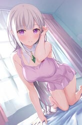 dress echiru echiru39 emilia_(re:zero) female high_resolution long_hair pixiv_id_56006815 pointed_ears re:zero_kara_hajimeru_isekai_seikatsu see-through smile solo tagme