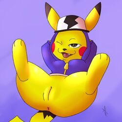 1:1 alecrc anus clothed clothing female feral fur furry furry_only genitals hi_res hip-hop_style_pikachu mammal nintendo one_eye_closed open_mouth partially_clothed pikachu pokémon_(species) pokemon pokemon_unite pussy rodent simple_background smile solo spread_legs spreading tail topwear video_games yellow_body yellow_fur