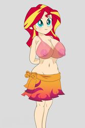 1girls areolae big_breasts blue_eyes blush breasts breasts_visible_through_clothing equestria_girls exposed_breasts exposed_nipples hasbro my_little_pony navel nipples nipples_visible_through_bra nipples_visible_through_clothing red_hair revealing_clothes sarong shy skirt smile sunset_shimmer thick thick_thighs