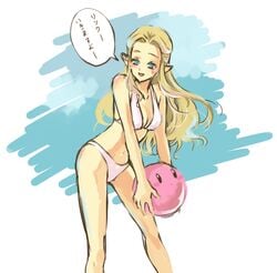 00s ball beach beach_volleyball bikini blonde_hair blue_eyes blush breasts cleavage cloud holding_ball hylian japanese_text kirby kirby_(series) leaning_forward long_ears long_hair lowres medium_breasts midriff mutsuki_kaya navel nintendo o.o ocarina_of_time open_mouth outdoors pink_bikini pointy_ears princess_zelda sky smile speech_bubble standing swimsuit text the_legend_of_zelda thighs tongue translated volleyball white_background zelda_(ocarina_of_time)