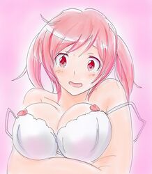 1girls big_breasts blush bra breast_squeeze breasts embarrassed joukamachi_no_dandelion pink_bra pink_hair sakurada_misaki solo twintails