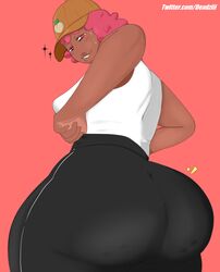 1girls ass big_ass cellulite clothed clothing crystal_(inoiiying) dark-skinned_female dark_skin deadzii female female_focus female_only gapped_teeth huge_ass original pink_background pink_eyes pink_hair revealing_clothes simple_background smile solo sweat sweatdrop watermark wide_hips