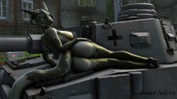 16:9 2021 3d_(artwork) 4_horns anthro ass big_butt breasts butt_shot digital_media_(artwork) dragon dragon_(petruz) female flower genitals grey_body grey_scales hand_on_hip horn looking_at_viewer looking_back lying military_vehicle multi_horn non-mammal_breasts non-mammal_nipples nude on_side outside panzer_iv plant plantigrade pupils purple_eyes pussy rear_view reptile scaleddelta scales scalie slit_pupils smile solo source_filmmaker tail_aside tank teeth vehicle widescreen window