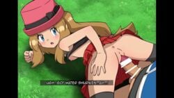 1boy 1girls anus bar_censor blonde_hair breasts censored clothing cum cum_in_pussy cum_inside duo female furanshisu game_freak hat human human_only japanese_text long_hair male nintendo nipples outdoors penetration penis pokemon pokemon_xy pussy serena_(pokemon) sex shirt shirt_lift skirt straight text vaginal_penetration