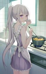 alternative_costume apron bangs bare_shoulders blunt_bangs blush closed_mouth clothing cooking cowboy_shot dress echiru echiru39 elf emilia_(re:zero) eyebrows_visible_through_hair female frilled_apron frilled_dress frills from_behind grey_hair high_resolution indoors kitchen ladle long_hair looking_at_viewer looking_back pixiv pixiv_id_56006815 pointed_ears ponytail pot purple_dress purple_eyes re:zero_kara_hajimeru_isekai_seikatsu sink sleeveless sleeveless_dress smile sole_female solo solo_female steam tagme tasting tied_hair very_high_resolution very_long_hair white_apron