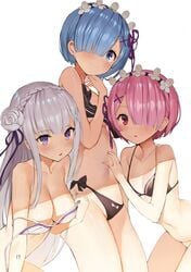 3girls artbook bare_shoulders bikini bikini_bottom bikini_pull bikini_top black_bikini black_bikini_top black_swimsuit blue_eyes blue_hair blush bow_bikini braid breast_hold breasts bright_pupils clavicle cleavage closed_mouth cowboy_shot digital_version emilia_(re:zero) exposed_shoulders female flower gaou grey_hair group hair_flower hair_ornament hair_over_one_eye hairband hairclip hand_on_another's_stomach hand_on_own_thigh hand_on_stomach hand_on_thigh high_resolution large_breasts large_filesize lavender_hair legitimate_variation light_background lolita_hairband long_hair looking_at_viewer matsui_hiroaki medium_breasts midriff multiple_girls navel open_mouth parted_lips pink_hair pointed_ears purple_eyes purple_hair ram_(re:zero) re:zero_kara_hajimeru_isekai_seikatsu rem_(re:zero) short_hair siblings simple_background sisters small_breasts smile swimsuit tagme thighs tied_hair trio twins underboob undressing very_high_resolution white_background white_bikini white_bikini_bottom white_swimsuit x_hair_ornament