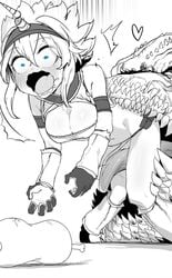 1girls bestiality big_breasts blue_eyes blush breasts female heart huge_breasts kirin_(armor) large_breasts monster_hunter niwarhythm open_mouth pussy shocked shocked_expression tagme tongue zoophilia