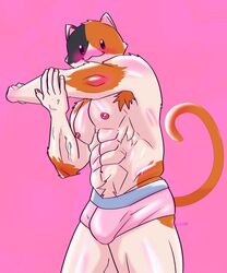 1boy 2021 5_fingers :3 abs anthro armpit_hair big_muscles blush body_hair bulge calico_cat chicorobot clothed clothing cute_face domestic_cat epic_games felid feline felis fingers fist fortnite furry glistening glistening_body highres male male_only mammal meowscles_(fortnite) mottled muscular muscular_anthro muscular_male navel nipples piebald pink_background pink_clothing pink_nipples pink_underwear simple_background smile solo standing topless underwear vein veiny_muscles video_games