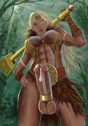 1futa abs amazon areolae artist_name athletic balls ballsack big_penis bikini_top blonde_hair breasts character_request cleavage cock_ring_(decorative) cumdrip erection eyepatch futa_only futanari green_eyes hammer hand_on_hip human large_breasts light-skinned_futanari light_skin looking_at_viewer looking_down looking_down_at_viewer low_res lucien midriff muscular muscular_futanari navel pale_skin penis precum scrotum solo standing sweat taker_pov testicles veiny_penis