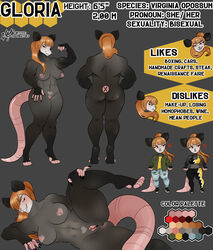 anthro bombaysky didelphid english_text female gloria_garcia_(taylor_the_rat) heart_nipples mammal marsupial model_sheet solo text virginia_opossum