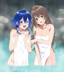 2girls ahoge arms_under_breasts bare_legs bare_shoulders blue_eyes blue_hair blush breasts brown_hair cleavage collarbone eyefly18 green_eyes hair_ornament hairclip highres long_hair looking_at_viewer medium_breasts misakino_kukuru miyazawa_fuuka multiple_girls naked_towel nude onsen ribbon shiroi_suna_no_aquatope short_hair sidelocks smile take_your_pick towel white_ribbon white_towel