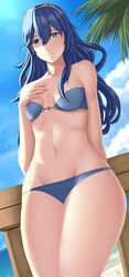 1girls arcedo bare_legs beach bikini blue_bikini blue_eyes blue_hair blue_swimsuit fire_emblem fire_emblem_awakening hair_between_eyes long_hair looking_at_viewer lucina_(fire_emblem) nintendo ocean outdoors small_breasts smile solo swimsuit symbol-shaped_pupils thick_thighs tiara