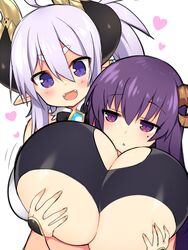 2017 blush breasts cute_fangs duo female female/female gigantic_breasts heart horn humanoid mofuaki open_mouth original simple_background smile under_boob white_background yuri