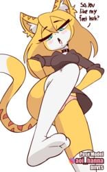 animated anthro blonde_hair blue_eyes blush breasts choker clothed clothing color colored cute dialogue diives english_text feet feline female femdom fur furry furry_only karina_(tontafurrita) looking_down low-angle_view lynx petite pov short_playtime skinny socks solo stockings tagme tail teenager text xingzuo_temple yellow_fur