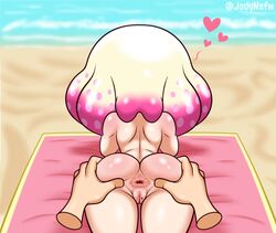 1boy 1girls anus ass ass_focus beach crown inkling jodyinkfist laying_on_stomach nintendo nude nude_female pearl_(splatoon) pov pussy sea splatoon spread_ass sunbathing tentacle_hair