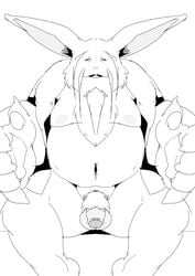 2021 absurd_res anthro balls beard facial_hair flaccid genitals hi_res humanoid_genitalia humanoid_hands humanoid_penis kemono lagomorph leporid male mammal monochrome overweight overweight_male penis pubes rabbit sigenoya simple_background sitting solo white_background