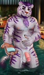 anthro balls bath felid flaccid furry genitals gevual hi_res humanoid_genitalia humanoid_penis male male_focus male_only mammal muscular nipples nude outside pantherine penis solo tiger