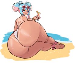 1girls ass beach big_ass big_breasts big_butt blue_eyes blue_hair bracelet braids breasts dark-skinned_female dark_skin dat_ass double_bun doughnut_hair_bun feet glasses glasses_on_head heart_glasses holding_glass holding_object huge_ass jojoniumart looking_at_viewer looking_back minari_(jojoniumart) multicolored_eyes multicolored_hair ocean panties pink_eyes pink_hair sand sitting sitting_down solo sunglasses sunglasses_on_head tanline thick_ass thick_thighs tight_clothing twintails water white_panties