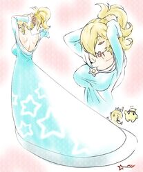 awesomeerix back backless_dress backless_outfit blonde_hair blue_dress breasts closed_eyes clothed clothing dress eyebrows_visible_through_hair full_body hair_grab hair_over_one_eye large_breasts long_dress luma mario_(series) mouth_hold multiple_views nintendo ponytail princess_dress princess_rosalina standing star super_mario_galaxy tying_hair