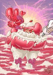 1girls bendacriss big_ass big_breasts big_lips dat_ass dessert food frosting goo_creature goo_girl heart heart-shaped_pupils hi_res high_heels highres offscreen_character piping_bag shortstack strawberry vella_(skitter-leaf)