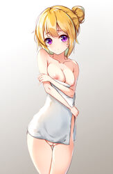 22/7 blonde_hair breasts female fujima_sakura gradient gradient_background hair_bun highres large_breasts looking_at_viewer naked_towel nipples purple_eyes pussy side_bun simple_background solo standing touxing_no_diluka towel