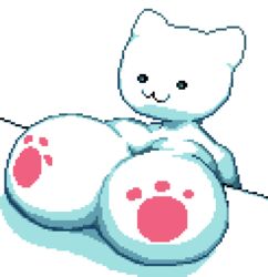 1girls :3 anthro bongo_cat breasts breasts_on_table cleavage feline female female_focus female_only furry hyper_breasts jordin02 large_breasts meme nude nude_female paw_print pixel_art sabs3 silly_cats white_background white_fur