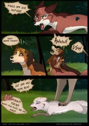 angry bite blood bodily_fluids canid canine canis comic domestic_dog english_text family feral fox furaffinity_username group hi_res hunting_dog kishu mammal page_9 page_number rukifox speech_bubble standing_on_back tekai text