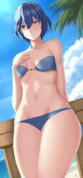 1girls alternate_hair_length alternate_hairstyle arcedo bare_legs beach bikini blue_bikini blue_eyes blue_hair blue_swimsuit breasts fire_emblem fire_emblem_awakening hair_between_eyes looking_at_viewer lucina_(fire_emblem) nintendo ocean outdoors short_blue_hair short_hair small_breasts smile solo swimsuit symbol-shaped_pupils thick_thighs tiara