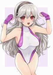 1girls akn_646 bare_legs corrin_(fire_emblem) corrin_(fire_emblem)_(female) fingerless_gloves fire_emblem fire_emblem_fates flexing gloves grey_hair leotard long_hair marvel medium_breasts nintendo open_mouth pointy_ears red_eyes she-hulk_(cosplay) shimizu_akina solo wavy_hair