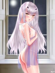 1girls ass blush bubble_butt clothed clothing fairy_knight_lancelot_(fate) fate/grand_order fate_(series) female female_only lingerie long_hair melusine_(fate) negligee open_mouth orange_eyes petite see-through see-through_clothing small_breasts solo solo_focus thighs white_hair yyn