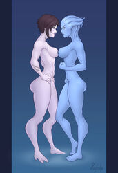 2girls 3_fingers 3_toes abs alien alien_girl alternate_version_at_source angry arm_markings arm_tattoo artist_name asari ass athletic_female bioware blue_eyes blue_lips blue_nipples blue_skin breast_tattoo breast_to_breast breasts brown_hair catfight chest_tattoo clenched_fist clenched_teeth female female_only fit fit_female freckles hand_on_hip hughaku liara_t'soni mass_effect medium_breasts multiple_girls muscular_female neck_tattoo nipples nude pubic_tattoo purple_eyes purple_lips purple_nipples purple_skin quarian short_hair simple_background slim_waist standing symmetrical_docking tali'zorah_nar_rayya tattoo