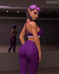 1girls 3d ass female female_only from_behind leggings mirror paladins purple_eyes purple_hair shandyxz skye_(paladins) sports_bra tight_clothing