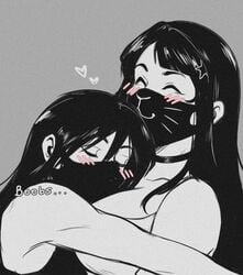 beckymastery_(artist) breasts cute female female_focus female_only hugging laying_on_breasts masked wholesome yuri