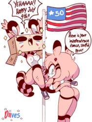 2girls american_flag animated anthro ass ass_shake breasts color colored dialogue diives english_text female female_only flag footwear fur furry furry_only huge_ass looking_at_viewer looking_back mostly_nude naked nude original original_character presenting presenting_hindquarters presenting_pussy pussy tail text thick_thighs tsundere xigua_(diives) xingzuo_temple zhongzi_(diives)